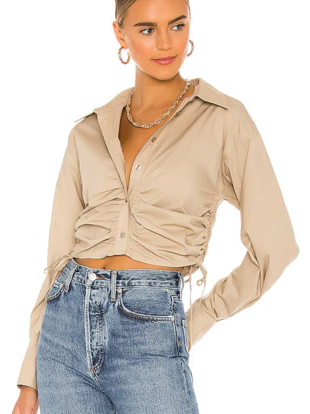 L'ACADEMIE The Lena‎ Cropped Button Down Long Sleeve Blouse Tan Small